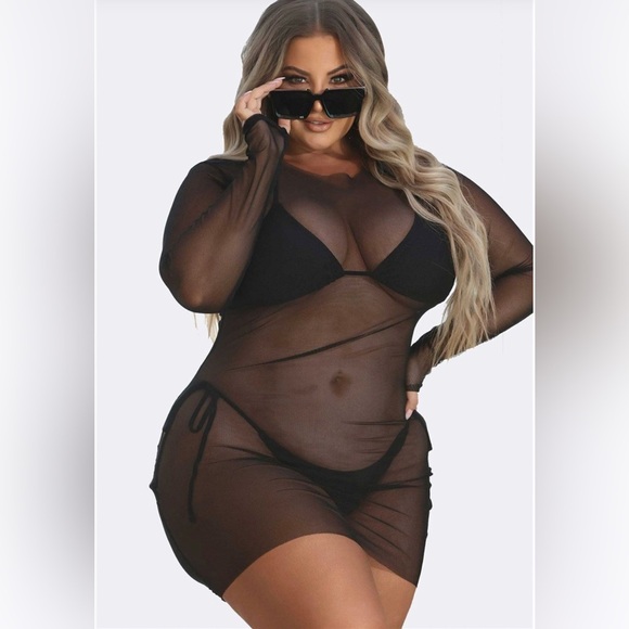 Neon Pink Triangle Top SelfTie Bottom Bikini Long Sleeve Mesh Coverup 3Piece Set - Picture 10 of 10